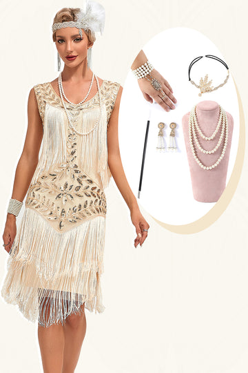Glitter Champagne Sequins Fringed 1920s Gatsby Dress with Accessories Set